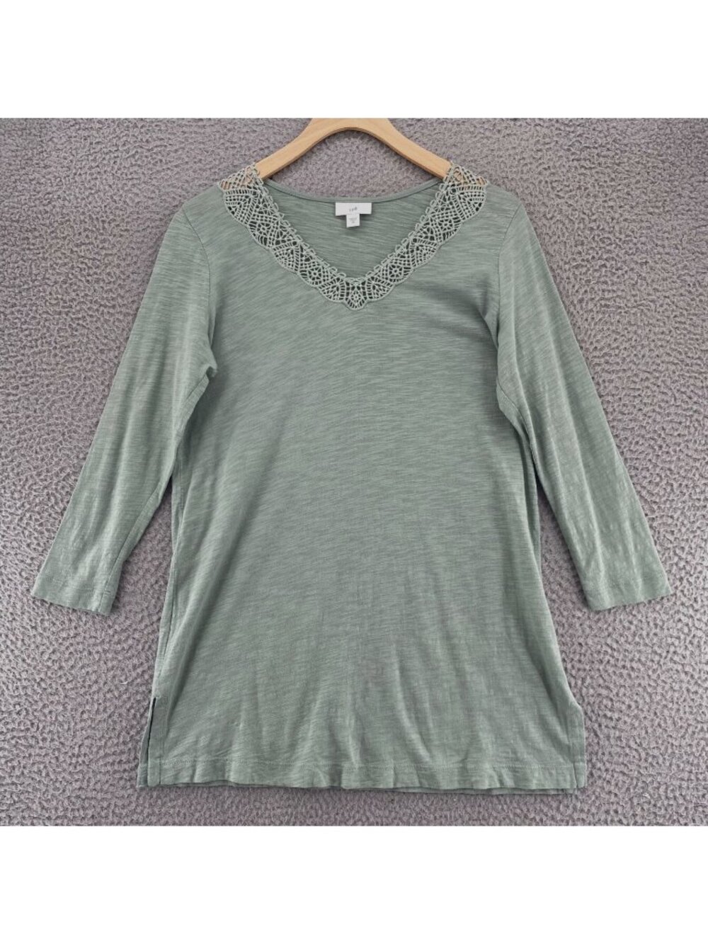J Jill Top Womens Extra Small Sage Lace V Neck 3/4 Sleeves Tunic Stretch Knit